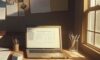A photorealistic home office desk at sunset, featuring a laptop displaying a shutdown notification, cluttered notebooks, and a framed certificate, illustrating the end of an AI-saturated market era.