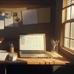 A photorealistic home office desk at sunset, featuring a laptop displaying a shutdown notification, cluttered notebooks, and a framed certificate, illustrating the end of an AI-saturated market era.