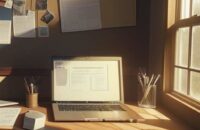A photorealistic home office desk at sunset, featuring a laptop displaying a shutdown notification, cluttered notebooks, and a framed certificate, illustrating the end of an AI-saturated market era.