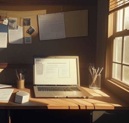 A photorealistic home office desk at sunset, featuring a laptop displaying a shutdown notification, cluttered notebooks, and a framed certificate, illustrating the end of an AI-saturated market era.