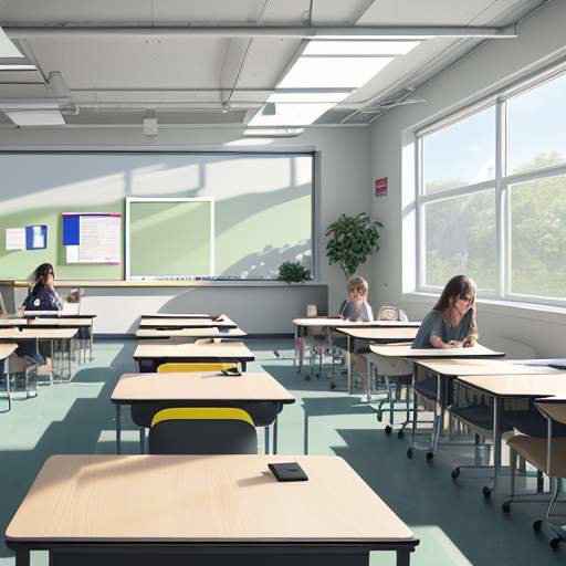 Bright, modern classroom showing diverse students collaborating in small groups, blending physical projects with subtle digital and holographic learning aids.