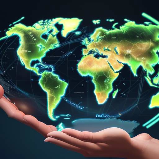 Diverse hands reach out to touch glowing data streams on a global network map, symbolizing accessible knowledge and global connectivity.