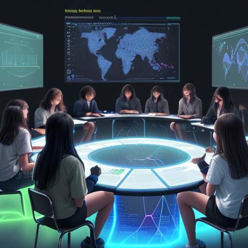 Diverse high school students collaborate around a table, discussing holographic data visualizations powered by AI, emphasizing critical thinking in modern education.
