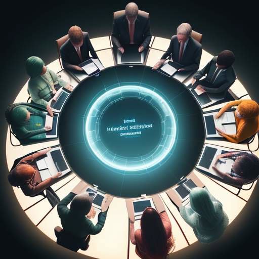 Diverse professionals discuss digital ethics around a glowing table visualizing data privacy and algorithmic bias, emphasizing human oversight in AI.