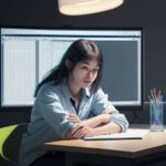 Diverse student interacts with a holographic interface showing adaptive, personalized learning pathways across multiple subjects in a modern study setting.