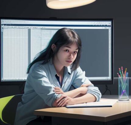 Diverse student interacts with a holographic interface showing adaptive, personalized learning pathways across multiple subjects in a modern study setting.