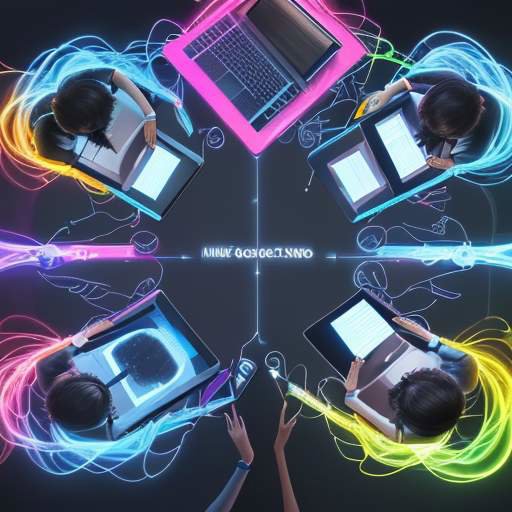 Diverse students collaborate in a bright, modern learning space, using technology to access interconnected global knowledge and support equitable education.