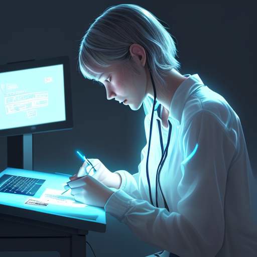 Student collaborating with a glowing AI interface projecting linguistic models onto a desk, symbolizing enhanced writing and learning support.