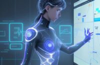 Student engaging with a holographic, adaptive learning interface showing personalized knowledge maps and real-time feedback for tailored education.