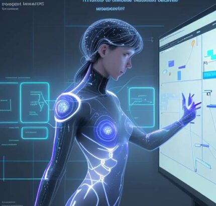 Student engaging with a holographic, adaptive learning interface showing personalized knowledge maps and real-time feedback for tailored education.