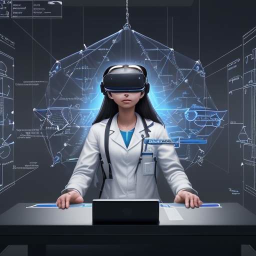 Student immersed in VR, exploring a virtual ancient science lab with floating molecular diagrams, illustrating immersive learning technology.