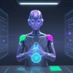 Student interacting with a holographic AI interface displaying neural networks, symbolizing personalized and adaptive learning technology in a modern study.