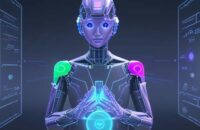 Student interacting with a holographic AI interface displaying neural networks, symbolizing personalized and adaptive learning technology in a modern study.