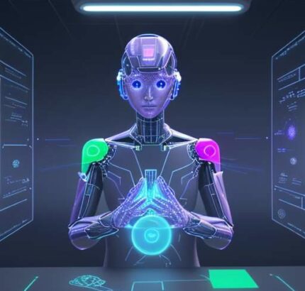 Student interacting with a holographic AI interface displaying neural networks, symbolizing personalized and adaptive learning technology in a modern study.