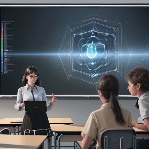 Teacher guides small group through holographic display of complex concepts, illustrating the synergy between AI technology and human mentorship in modern education.