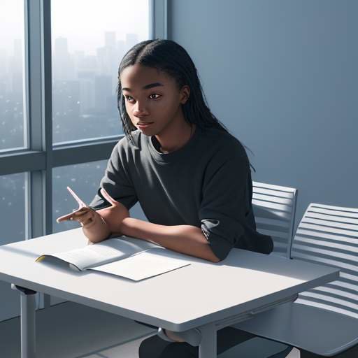 Young student interacts with a holographic AI interface at a modern desk, symbolizing human intellect collaborating with artificial intelligence.