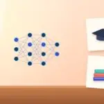 Illustration with a neural network, a graduation cap and a stack of books