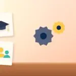 Illustration with gears, a graduation cap and a group of people