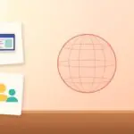 Illustration with a globe, a laptop and a group of people