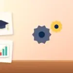 Illustration with gears, a graduation cap and a rising chart