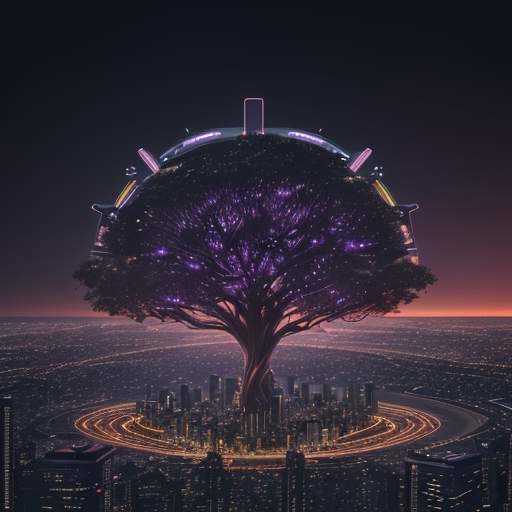 A cinematic sunset view of a futuristic city skyline featuring a glowing digital tree of interconnected data nodes, symbolizing a global network of technology-driven education.