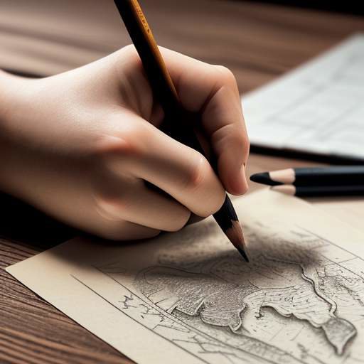 A close-up shot of a student's hands sketching a detailed map on textured paper with a wooden pencil in a softly lit classroom.