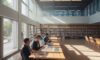 A college student in a sunlit library interacts with a glowing holographic interface displaying various career paths like Data Scientist and Bio-Engineer, illustrating personalized learning paths.
