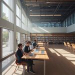 A college student in a sunlit library interacts with a glowing holographic interface displaying various career paths like Data Scientist and Bio-Engineer, illustrating personalized learning paths.