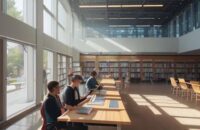 A college student in a sunlit library interacts with a glowing holographic interface displaying various career paths like Data Scientist and Bio-Engineer, illustrating personalized learning paths.