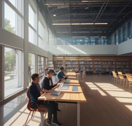 A college student in a sunlit library interacts with a glowing holographic interface displaying various career paths like Data Scientist and Bio-Engineer, illustrating personalized learning paths.