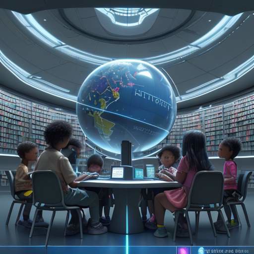 A diverse group of children from different cultures sit together in a high-tech library, looking at a glowing holographic 3D globe made of mathematical equations.