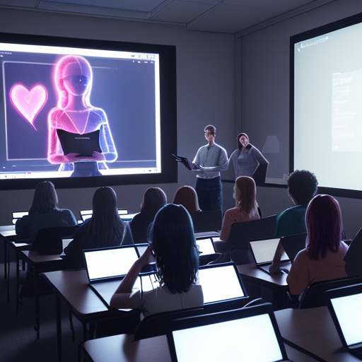 A diverse group of students and a teacher collaborate around a table, studying a glowing 3D holographic heart using laptops and tablets in a modern high-tech classroom.