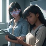 A diverse group of students in a modern classroom, where one student interacts with a glowing holographic 3D geometry shape on a tablet.