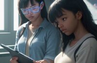 A diverse group of students in a modern classroom, where one student interacts with a glowing holographic 3D geometry shape on a tablet.