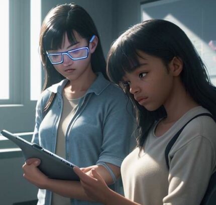 A diverse group of students in a modern classroom, where one student interacts with a glowing holographic 3D geometry shape on a tablet.