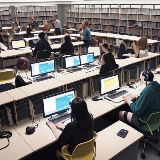 A diverse group of students, including those using assistive technologies like headphones and a specialized keyboard, collaborate in a modern library surrounded by glowing icons representing AI-driven translation and adaptive learning tools.