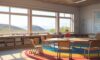 A group of young children sitting in a circle on a colorful rug, engaged in hands-on crafting with wooden blocks and clay in a sun-drenched classroom overlooking a snowy forest.