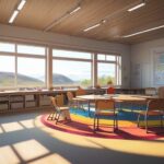 A group of young children sitting in a circle on a colorful rug, engaged in hands-on crafting with wooden blocks and clay in a sun-drenched classroom overlooking a snowy forest.