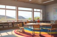 A group of young children sitting in a circle on a colorful rug, engaged in hands-on crafting with wooden blocks and clay in a sun-drenched classroom overlooking a snowy forest.