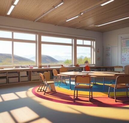 A group of young children sitting in a circle on a colorful rug, engaged in hands-on crafting with wooden blocks and clay in a sun-drenched classroom overlooking a snowy forest.