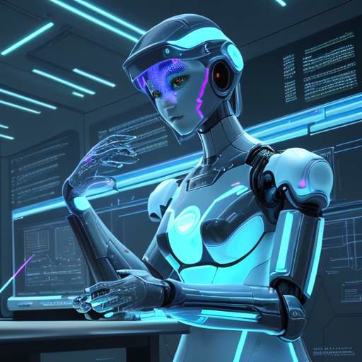 A high-precision robotic arm interacting with a glowing holographic interface displaying complex data structures in a futuristic, cinematic laboratory.