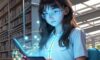 A high school student in a sunlit library interacts with a friendly holographic avatar on a tablet that displays a 3D chemical reaction.