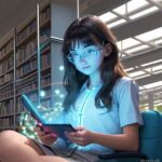 A high school student in a sunlit library interacts with a friendly holographic avatar on a tablet that displays a 3D chemical reaction.