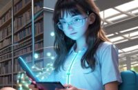 A high school student in a sunlit library interacts with a friendly holographic avatar on a tablet that displays a 3D chemical reaction.
