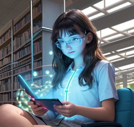 A high school student in a sunlit library interacts with a friendly holographic avatar on a tablet that displays a 3D chemical reaction.