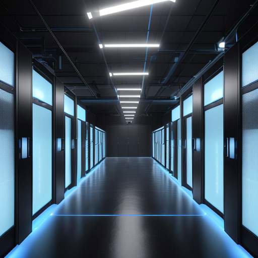 A high-security data center with sleek, matte-black server racks illuminated by cool blue and white LED lights, symbolizing robust infrastructure and secure AI systems.