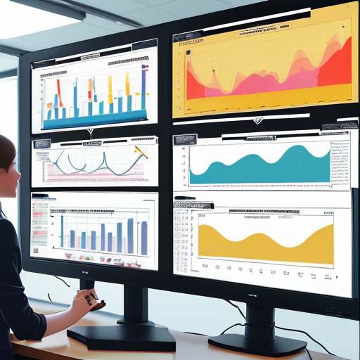 A high-tech dashboard displaying colorful student progress data on a monitor in a school office, with a teacher mentoring students in the blurred background.