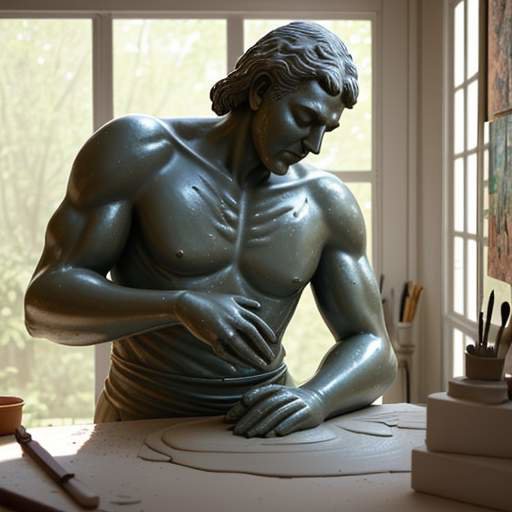 A sculptor's clay-covered hands work on a large bust in a sun-drenched studio, with a blurred 3D printer in the background to contrast tactile human craft with modern technology.
