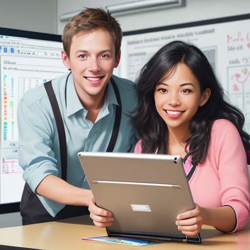 A smiling teacher and a student look at a complex, glowing mathematical graph on a tablet in a modern classroom.