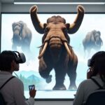 A student in a modern VR headset reaches toward a shimmering, 3D holographic woolly mammoth in a bright classroom, illustrating immersive educational technology.